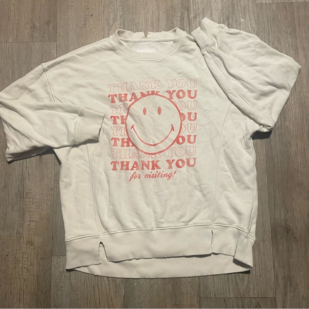 Aerie Distressed Cream Smiley Face Graphic Sweatshirt